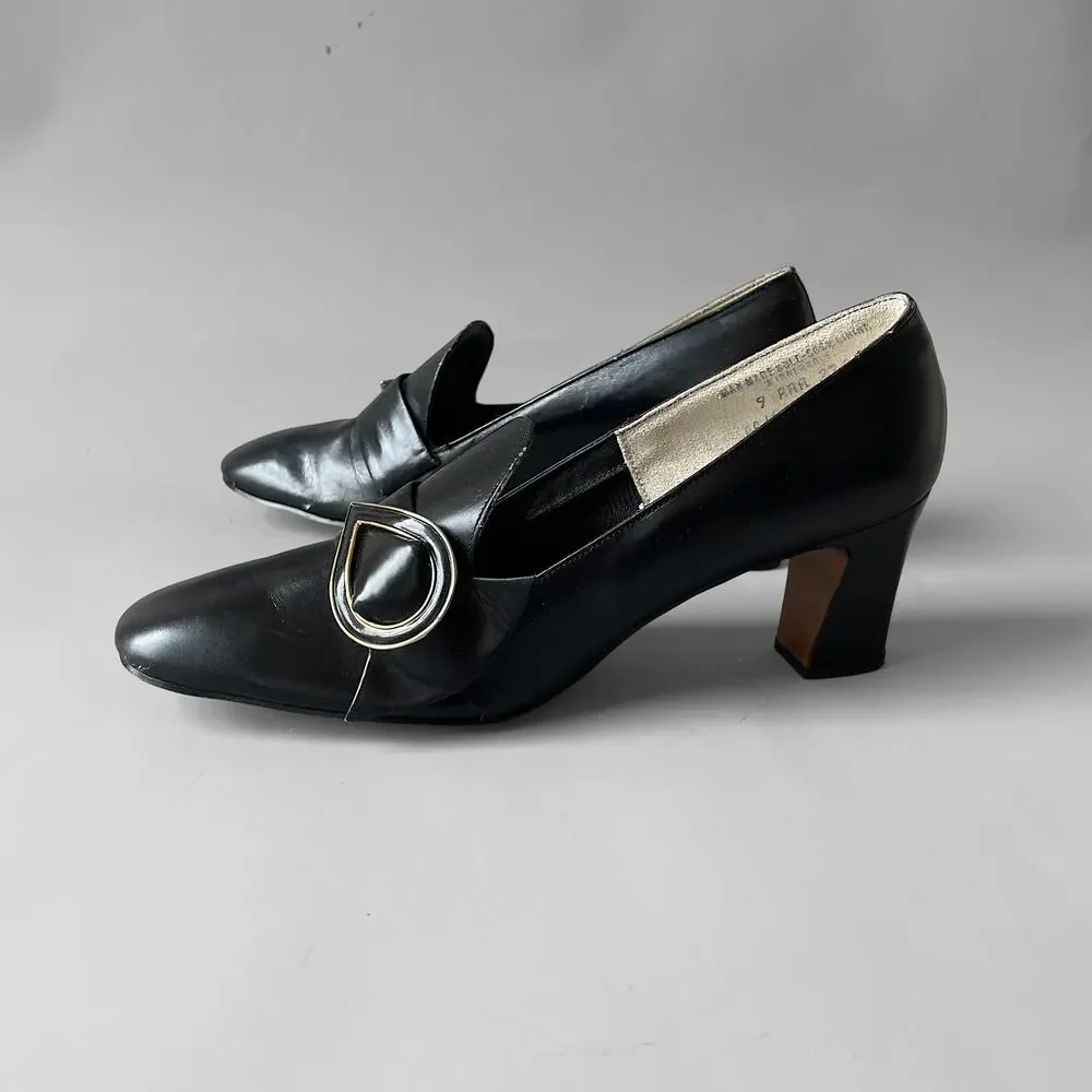 60s 70s Buckle Shoes MCM Low Heel Pilgrim Square Toe Front Row Chunky Heel 9AA